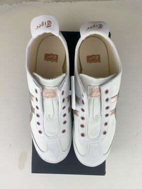 Onitsuka Tiger White Sneakers with Rose Gold Stripes